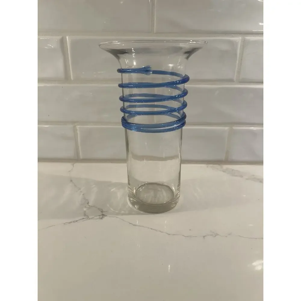 Vintage vase Applied Blue Swirl‎ on Clear Glass Vase 8.75” Art Glass
